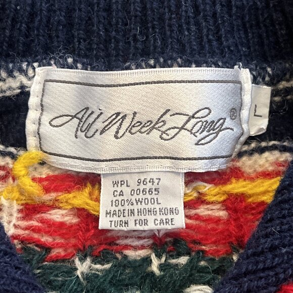 Christmas Cardigan Sweater SZ Large Fair Isle Holiday Trees 100% Wool Collared - Picture 9 of 13